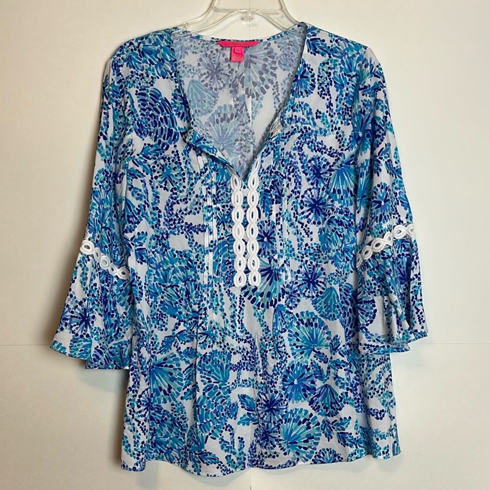 Lilly Pulitzer Hollie Tunic Turquoise Oasis Shell Me You Love Me Size Medium - Picture 3 of 16
